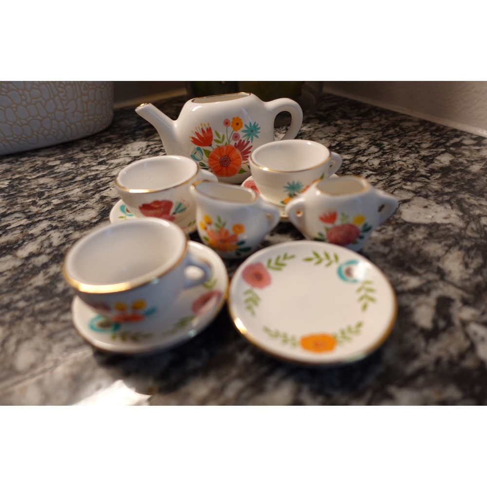 Ceramic Bright Stripes miniature tea set floral pretend playset - Picture 9 of 10